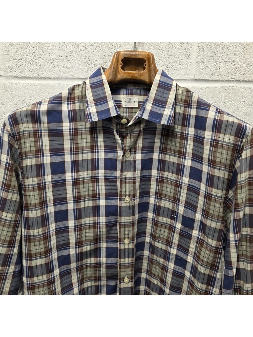 Hartford Plaid  Shirt Mens Button Up Linen Cotton Casual Long Sleeve L 23x33